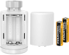 De thermostaatknop werkt op twee meegeleverde AA penlite batterijen. Deze gaan gemiddeld 2,5 jaar mee voordat ze leeg zijn.