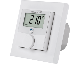 De Homematic IP thermostaat met 230V schakelende uitgang meet temperatuur en luchtvochtigheid en is geschikt voor inbouw in een inbouwdoos in de wand.