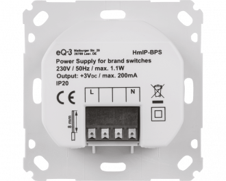 De voeding wordt ingebouwd en wordt aan de achterzijde aangesloten op 230V netspanning. L is de bruine draad (fase). N is de blauwe draad (nul).