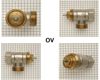 De Oventrop afsluiter adapter past op Oventrop afsluiters. Dit zijn foto's van Oventrop afsluiters. Het logo op de afsluiter is uitgeschreven in de letters "OV".