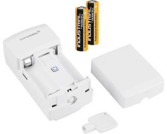 De thermostaatknop werkt gemiddeld 5 jaar op twee AA penlite batterijen. Het batterijvak wordt vergrendeld met een meegeleverde sleutel.