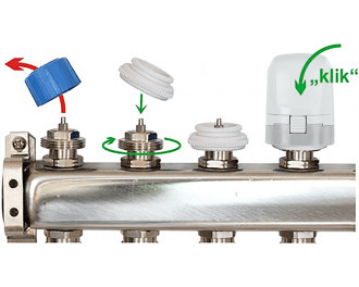 Een stappenmotor is eenvoudig te installeren. Verwijder de afdekkap, draai de bij de stappenmotor meegeleverde afsluiter adapter op de groepafsluiter, en klik de stappenmotor op de adapter.