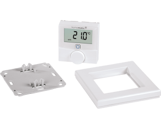 Het product bestaat uit drie onderdelen: montagevlak, afdekraam en draadloze thermostaat. De twee AAA-batterijen worden standaard meegeleverd.