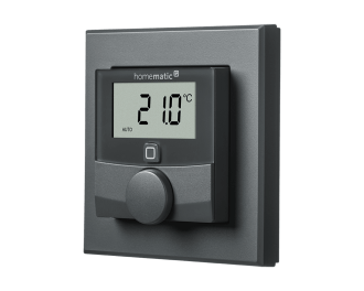 De draadloze Homematic IP thermostaat meet temperatuur en luchtvochtigheid en is geschikt voor opbouw montage aan de wand.